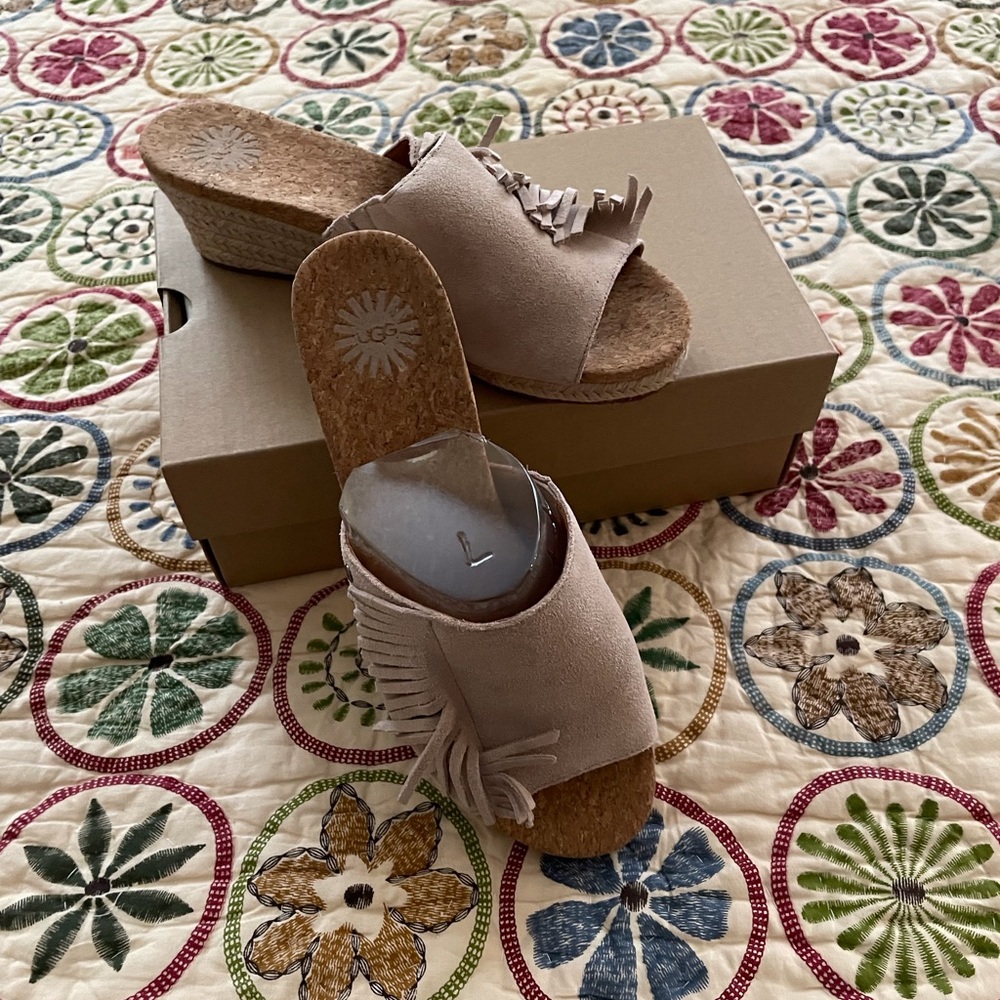 Ugg Australia Danes Wedge Suede Fringe Sandals, New in Box, Size 7.5, Be…